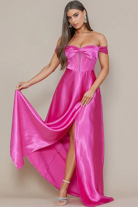 Pink Off Shoulder Corset Shiny Satin Slit Maxi Dress