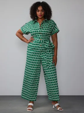 Plus Short Sleeve Geometric Twill Jumpsuit