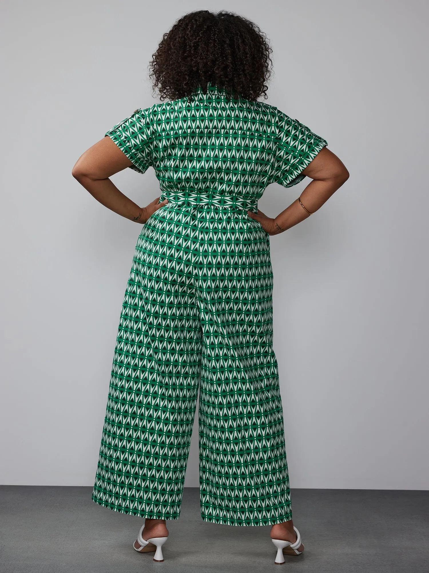 Plus Short Sleeve Geometric Twill Jumpsuit