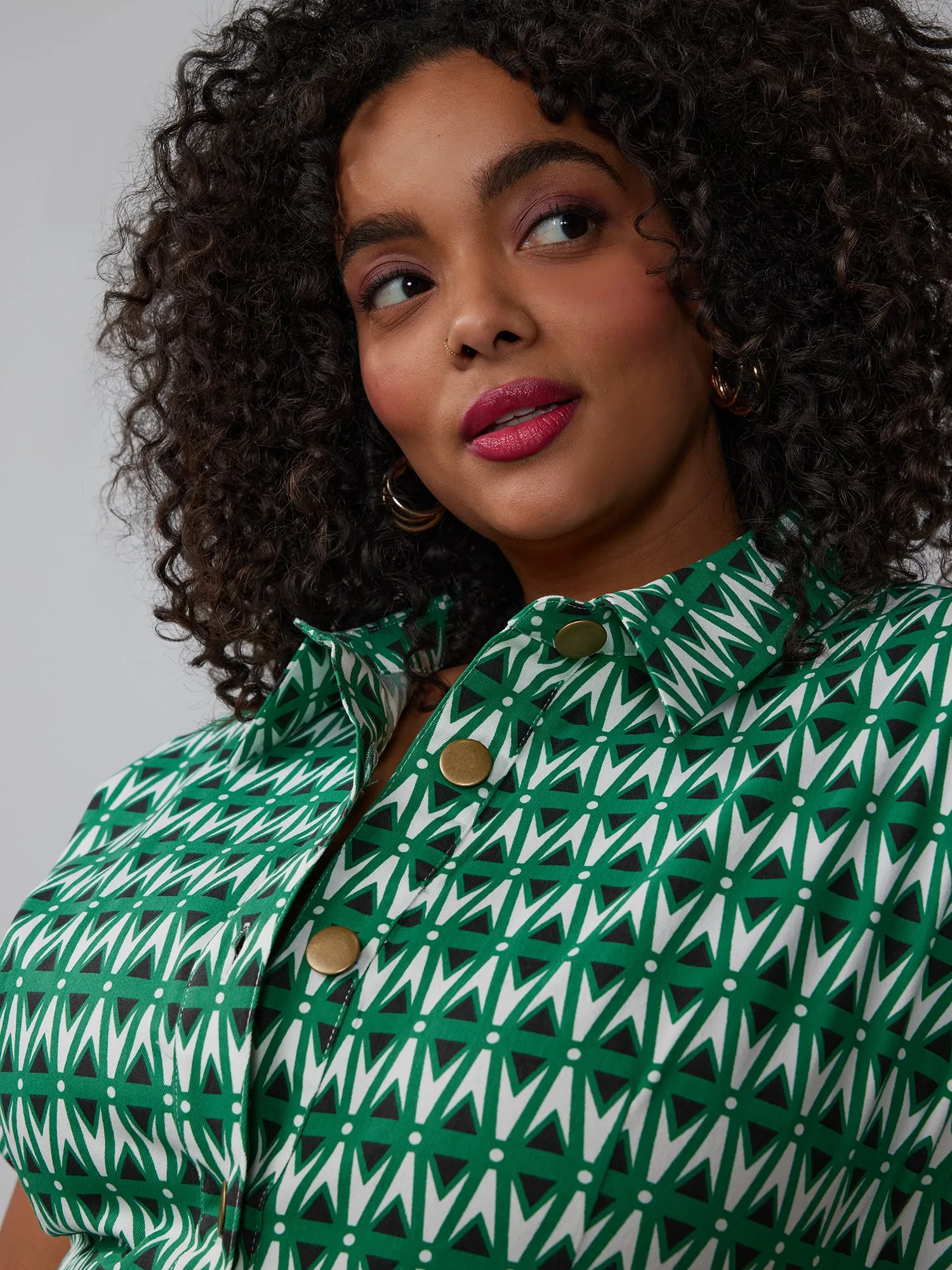 Plus Short Sleeve Geometric Twill Jumpsuit