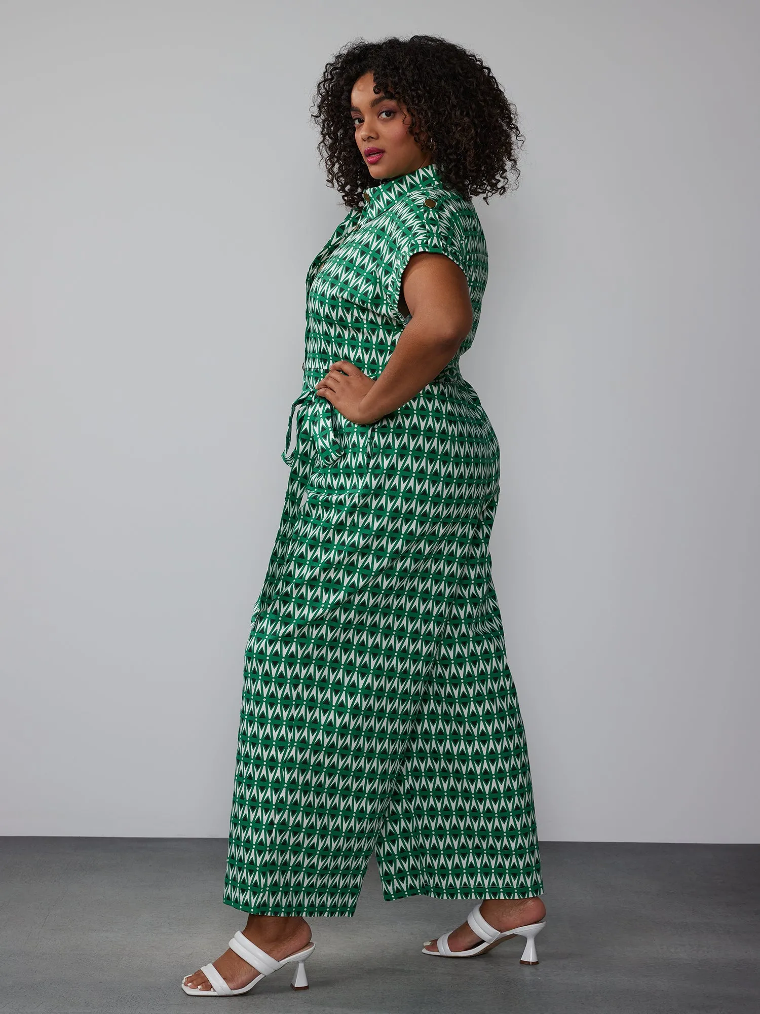 Plus Short Sleeve Geometric Twill Jumpsuit