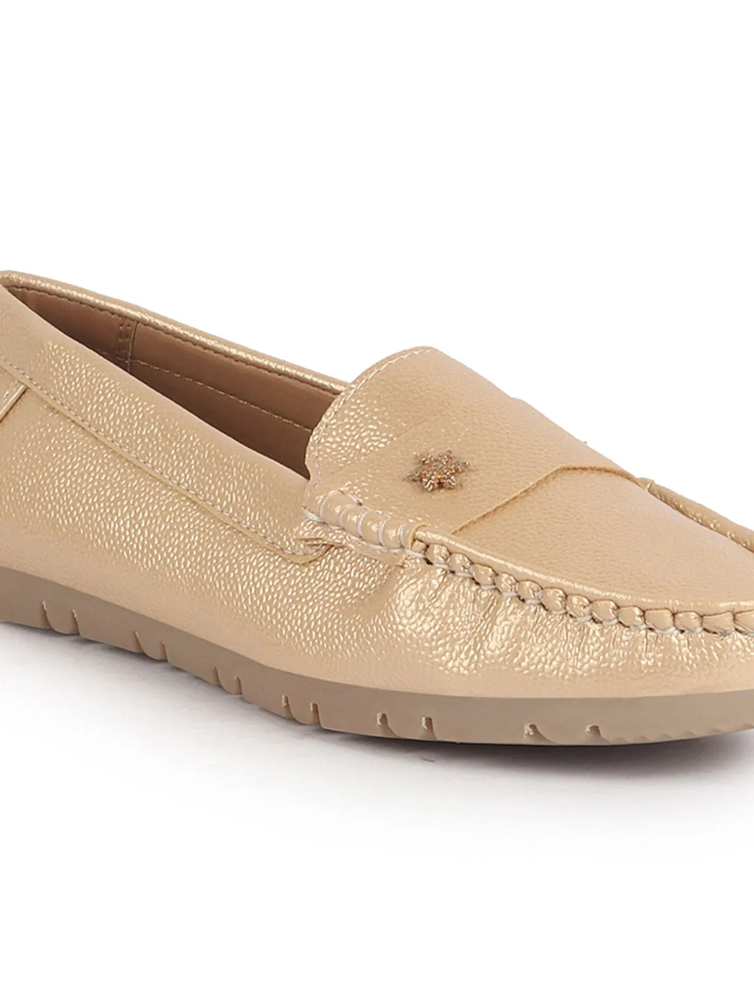 Women Metal Gold Textured Flat Comfortable Lightweight Slip On Loafers|Office Shoe|Slip On Shoe|Anti Skid Rubber Sole
