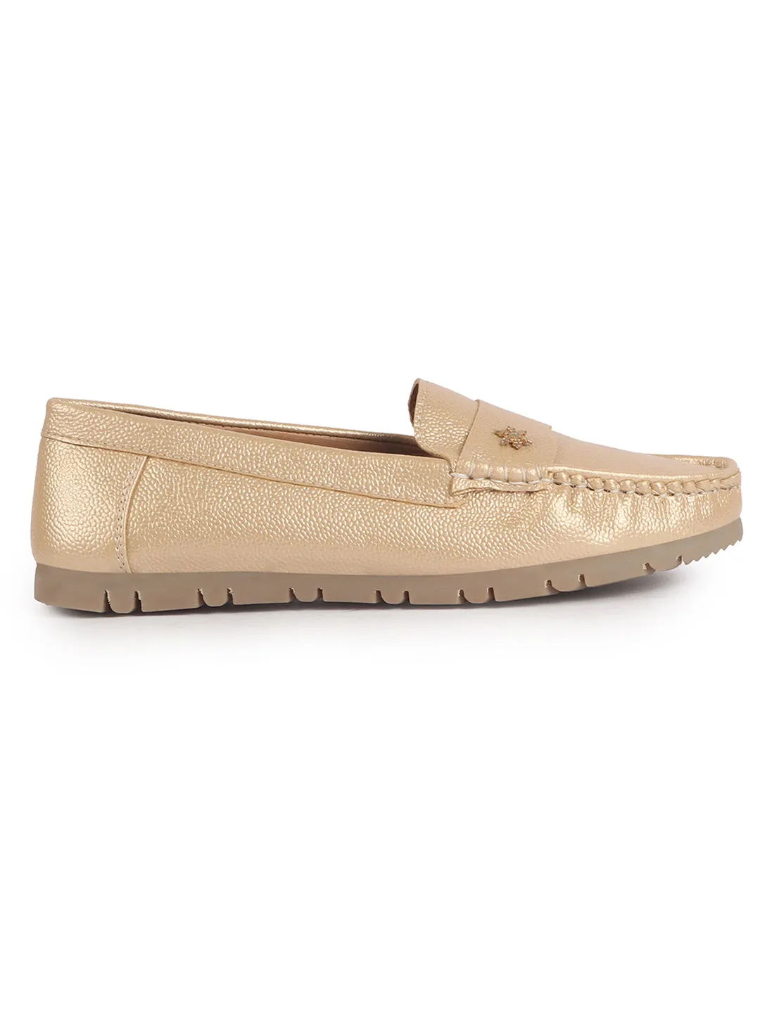 Women Metal Gold Textured Flat Comfortable Lightweight Slip On Loafers|Office Shoe|Slip On Shoe|Anti Skid Rubber Sole